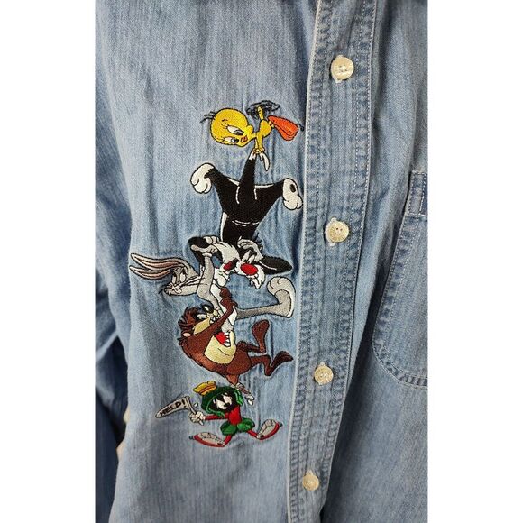 Vintage Warner Brothers Long Sleeve Button Down Denim Shirt Size Large - Picture 2 of 7